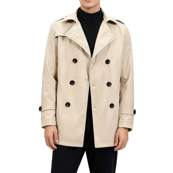 Mens Trench Coat Slim Fit Double Breasted Long Jacket Solid Color Notched Lapel Windproof Coat