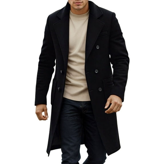 Mens Trench Coat Slim Fit Double Long Peacoat Color: Black Size: M
