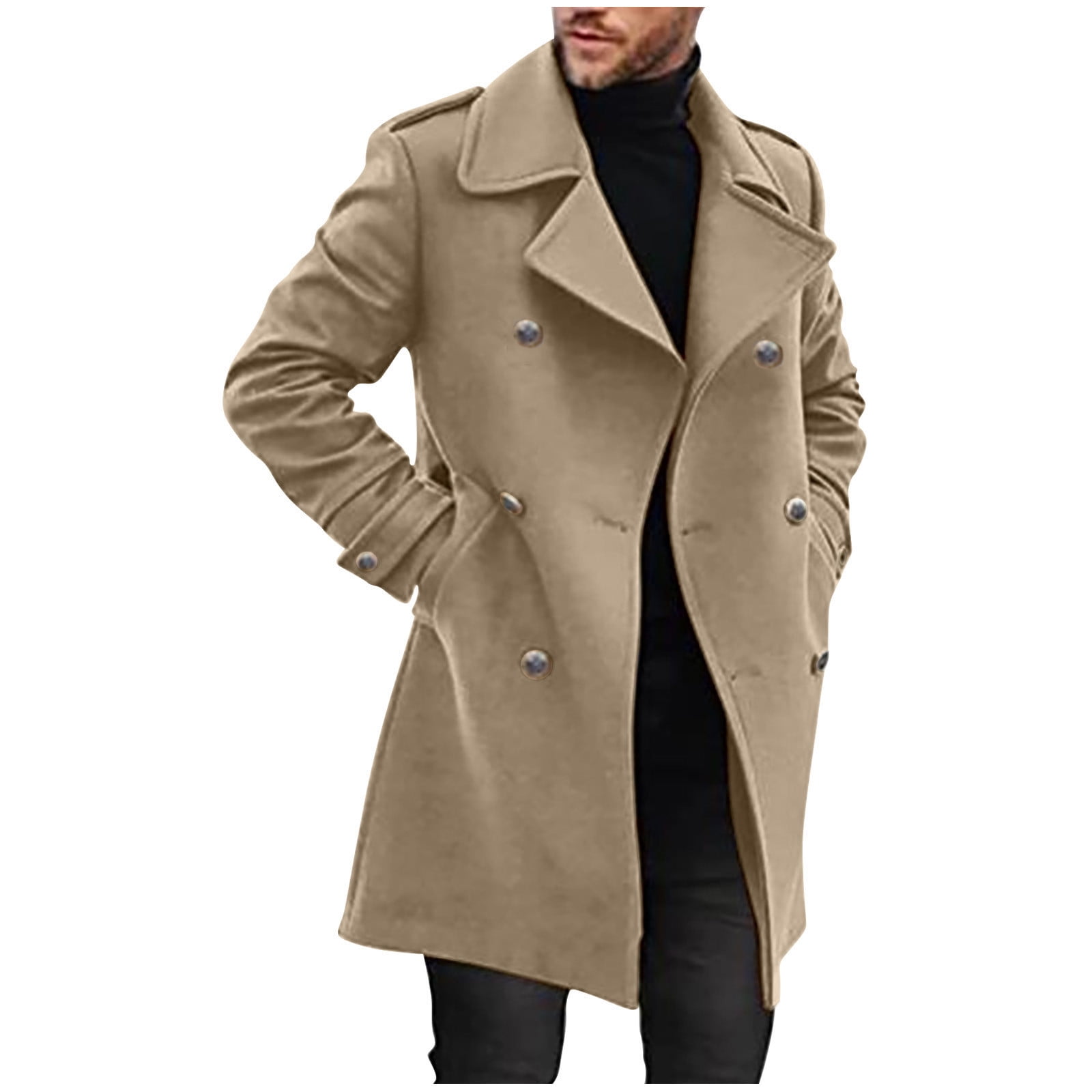 Mens Trench Coat Slim Fit Notched Collar Fall Winter Coats Single Breasted Pea Coat Warm Soft Business Long Overcoat