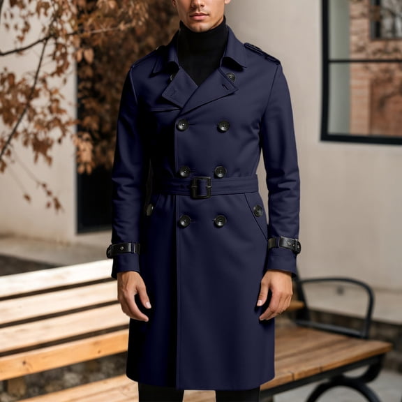 Mens Trench Coat Slim Fit Notched Collar Fall Winter Single Pea Coat Warm Soft Overcoat