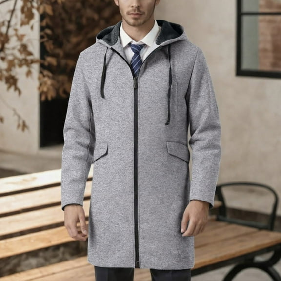 Mens Trench Coat Slim Fit Notched Collar Fall Winter Single Pea Coat Warm Soft Overcoat