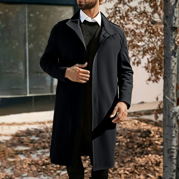 Mens Trench Coat Slim Fit Notched Collar Fall Winter Single Pea Coat Warm Soft Overcoat