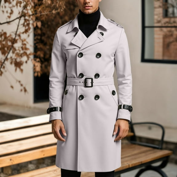 Mens Trench Coat Slim Fit Notched Collar Fall Winter Single Pea Coat Warm Soft Overcoat