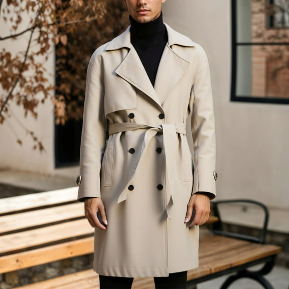 Mens Trench Coat Slim Fit Notched Collar Fall Winter Single Pea Coat Warm Soft Overcoat