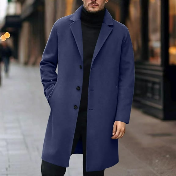Mens Trench Coat Slim Fit Notched Collar Fall Winter Single Pea Coat Warm Soft Overcoat