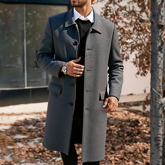 Mens Trench Coat Slim Fit Notched Collar Fall Winter Single Pea Coat Warm Soft Overcoat