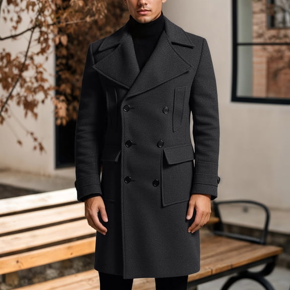 Mens Trench Coat Slim Fit Notched Collar Fall Winter Single Pea Coat Warm Soft Overcoat