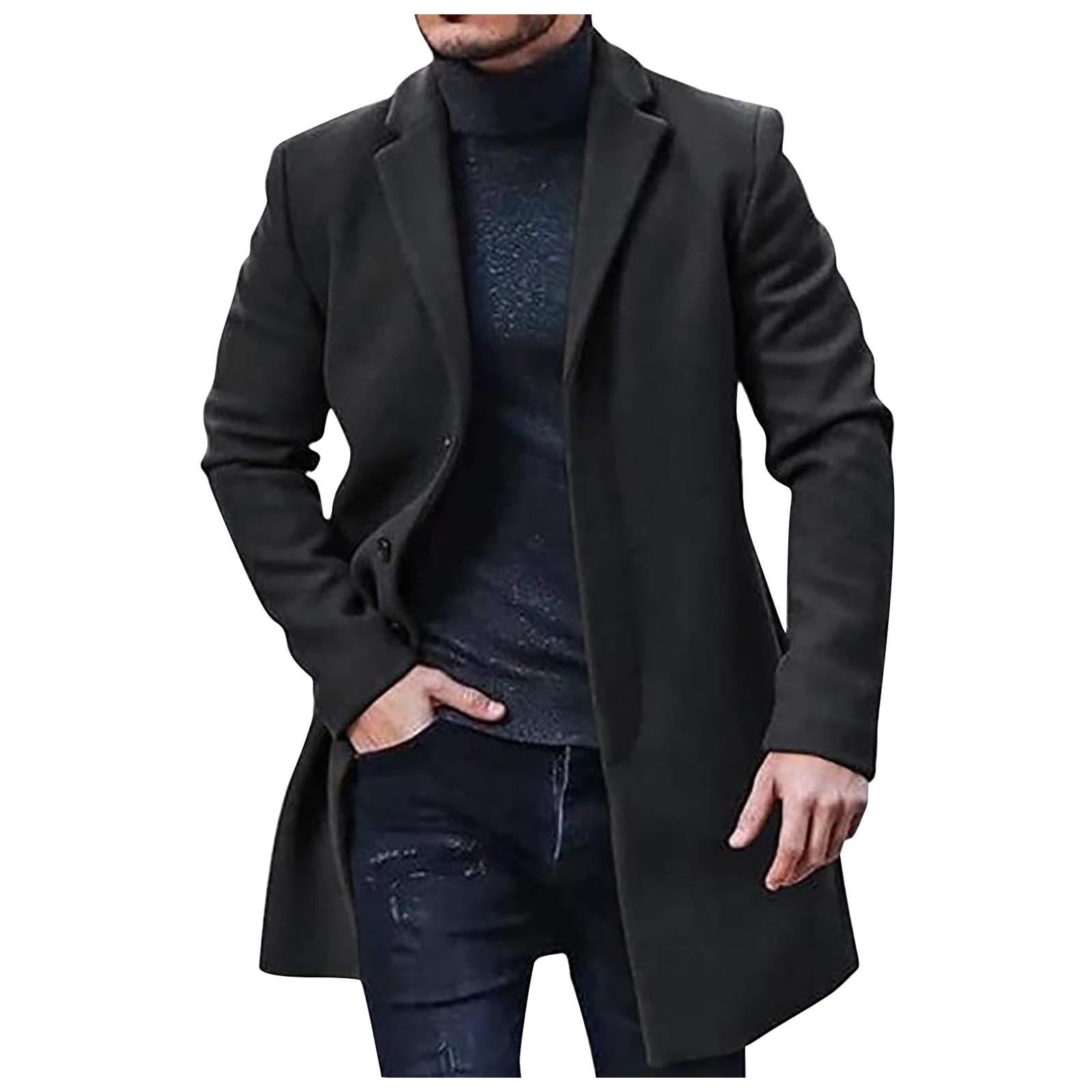 Mens Trench Coat Slim Fit Notched Collar Fall Winter Single Breasted ...