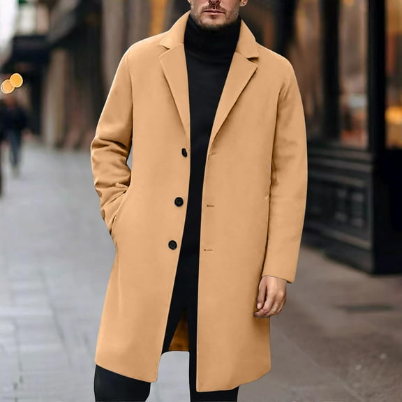 Mens Trench Coat Slim Fit Notched Collar Fall Winter Single Pea Coat Warm Soft Overcoat