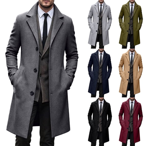 Mens Trench Coat Slim Fit Notched Collar Fall Winter Single Breasted Pea Coat Warm Soft Overcoat