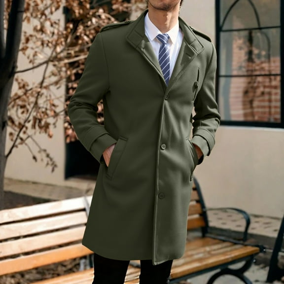 Mens Trench Coat Slim Fit Notched Collar Fall Winter Single Pea Coat Warm Soft Overcoat
