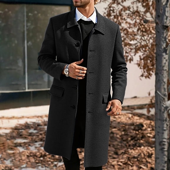 Mens Trench Coat Slim Fit Notched Collar Fall Winter Single Pea Coat Warm Soft Overcoat
