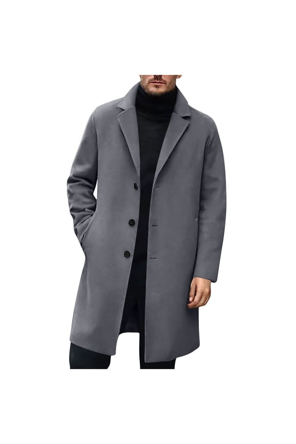 Mens Trench Coat Slim Fit Notched Collar Fall Winter Single Breasted Pea Coat Warm Soft Wool Blend Overcoat