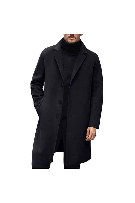 Mens Trench Coat Slim Fit Notched Collar Fall Winter Single Breasted Pea Coat Warm Soft Wool Blend Overcoat
