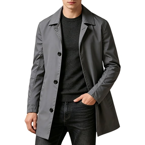 Mens Trench Coat Slim Fit Single Breasted Casual Mid Long Jacket Lightweight Lapel Spring Fall Windbreaker Overcoat for Travel office Daily Outfits Gray