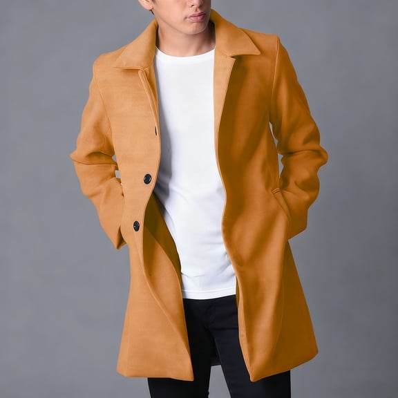 Mens Trench Coat Winter Pea Coat Single Breasted Notch Lapel Long Casual Overcoat