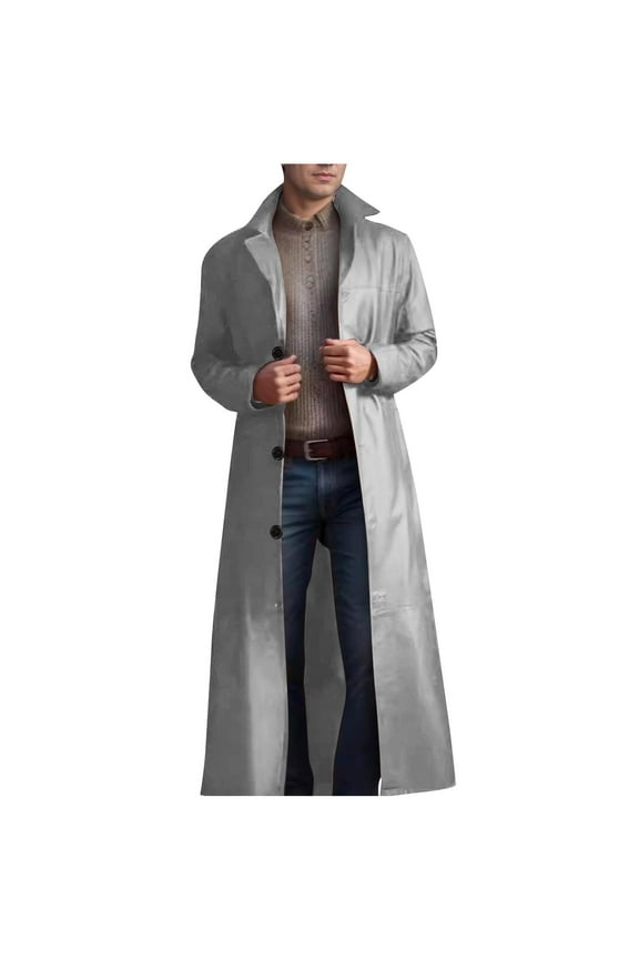 Mens Trench Coats, Men's Retro Faux Leather Trench Coat Full Length Steampunk Long Overcoat Vintage Open Front Cardigan Jacket S-5XL