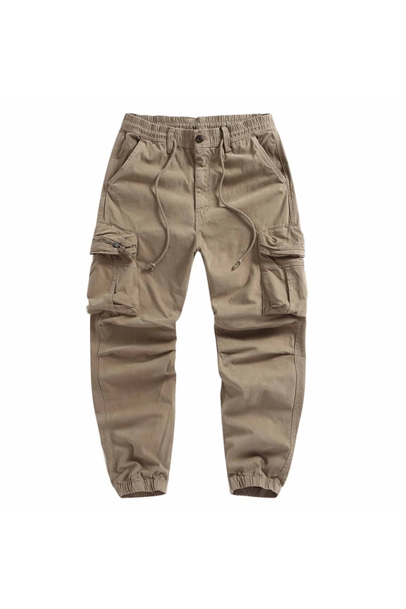 Mens Trendy Cargo Pants Multi-Pocket Elastic Cuff Hiking Pants Drawstring Casual Outdoors Khaki L