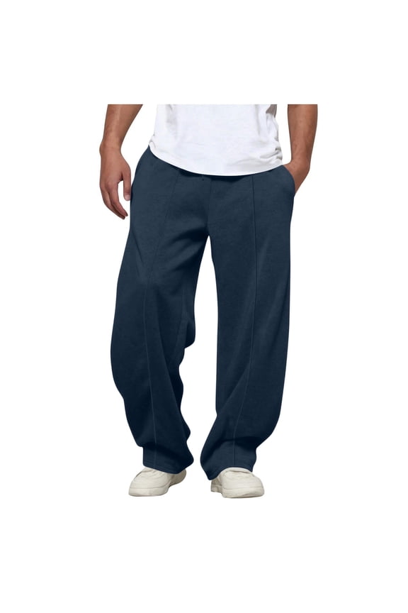 Mens Trendy Sweatpants Wide Leg Casual Elastic Waist Drawstring Trousers Loose Solid Color Comfortable Pants with Pockets (M, Navy)