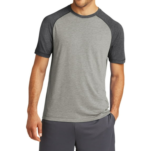 Mens Tri-Blend Wicking Polyester/Cotton/Rayon Raglan Tee Dark Grey Heather/ Light Grey Heather 2X-Large