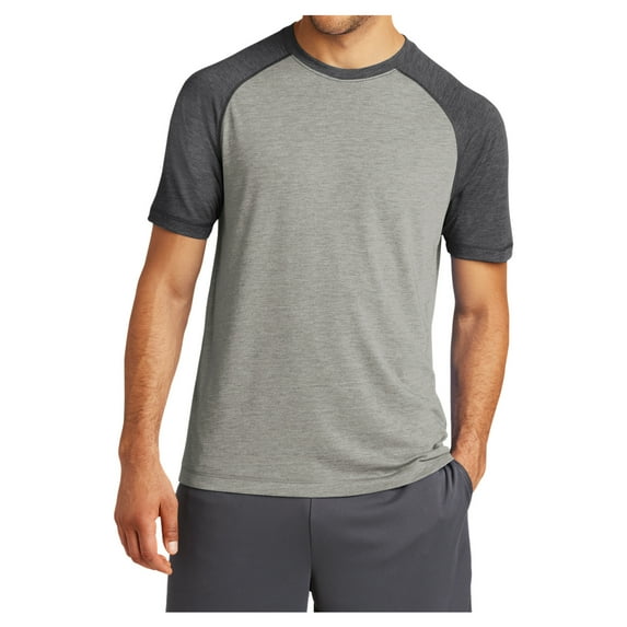 Mens Tri-Blend Wicking Polyester/Cotton/Rayon Raglan Tee Dark Grey Heather/ Light Grey Heather X-Large