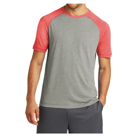 Mens Tri-Blend Wicking Polyester/Cotton/Rayon Raglan Tee True Red Heather/ Light Grey Heather Large