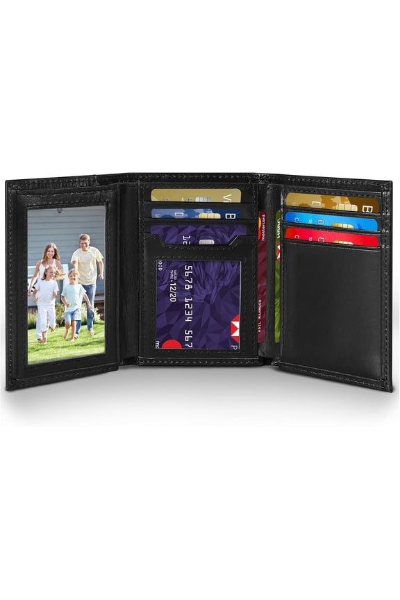 Mens Trifold Leather Wallet, RFID Blocking Wallets for Men,Tri Fold Wallet with 2 ID Window and 8 Card Slots
