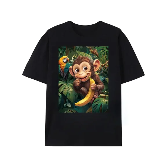 Mens Tropical Monkey & Parrot Graphic T-Shirt - Black Cotton Tee with Vibrant Jungle Print, Casual Comfort Fit for Casual Attire, Monkey Tshirt