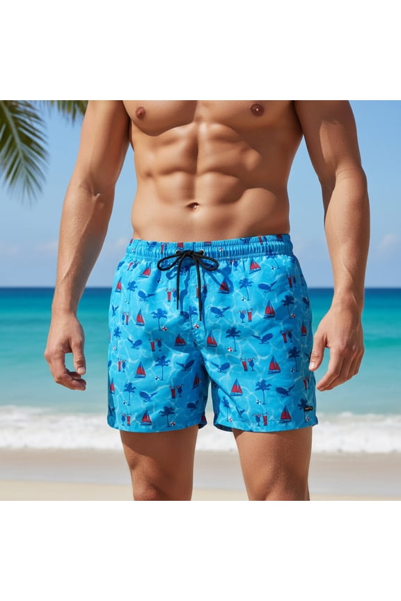 Mens Tropical Print Quick-Dry Swim Trunks - Nylon Spandex Board Shorts with Elastic Drawstring, Blue (S-XXL),Size M