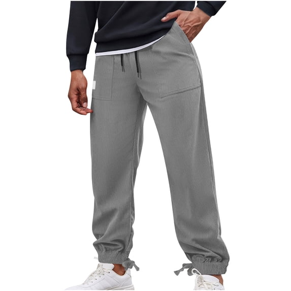 Mens Trousers Casual Pants Plus Size Solid Color Pocket Drawstring Casual Straight Tube Corn Kernels Bound Leg Pants Thickened 50% off