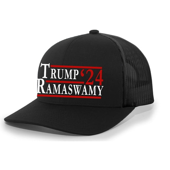 Mens Trump Hat Trump Ramaswamy '24 Mesh Back Trucker Hat, Black/Black