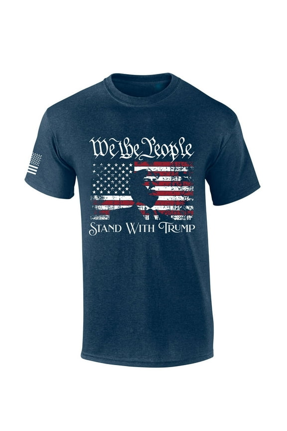 Mens Trump Tshirt Distressed Flag We The People Stand With Trump Patriotic Short Sleeve T-shirt-Heather Navy-xxl