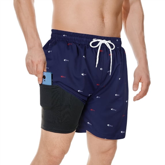 American Trends Mens Swim Trunks with Liner Quickly Dry Mens Swimsuit Summer Mens Swimwear Board Shorts Fishbone Navy Blue 2XL