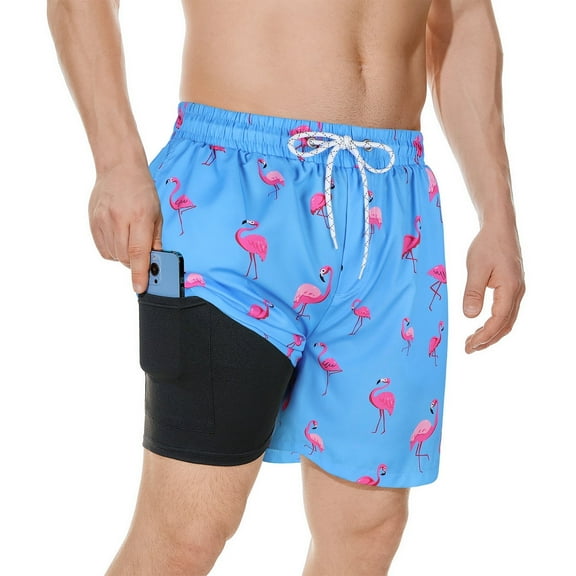 Ponceau Mens Trunks Mens Board Shorts Swimwear Mens Swim Trunks with Compression Liner Flamingo sky blue L