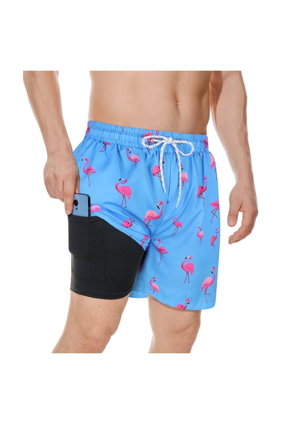 Mens Swim Trunks with Liner Quickly Dry Mens Swimsuit Summer Mens Swimwear Board Shorts Flamingo Sky Blue M