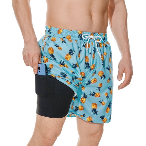 American Trends Mens Swim Trunks with Liner Quickly Dry Mens Swimsuit Summer Mens Swimwear Board Shorts Pineapple Light Blue L