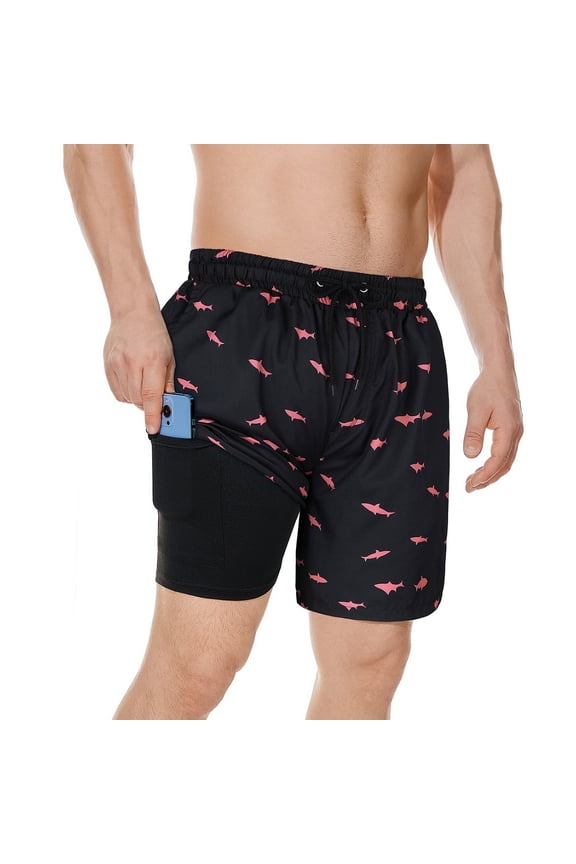 Mens Swim Trunk with Liner Quickly Dry Mens Swimsuit Summer Mens Swimwear Board Shorts Shark Pink L