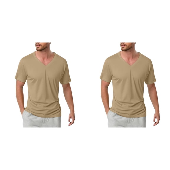 Mens Tshirt 2 Pack Solid Color V Neck Mens Pullover Casual Short Sleeve Breathable Tops Lightweight T Shirts for Man Khaki XL