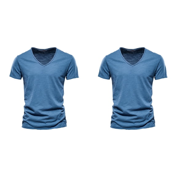 Mens Tshirt Casual 2 Pack Solid Color V Neck Mens Pullover Short Sleeve Tops Regular Fit Lightweight T Shirts for Men Blue L
