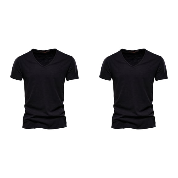 Mens Tshirt Casual 2 Pack Solid Color V Neck Mens Pullover Short Sleeve Tops Regular Fit Lightweight Tshirt for Men Black L