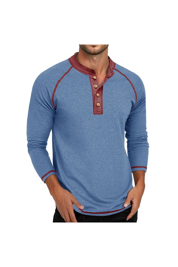 Mens Tshirt Long Sleeve Crewneck Henley Shirt Basic Blue Shirt with Button Men's Workout Shirts