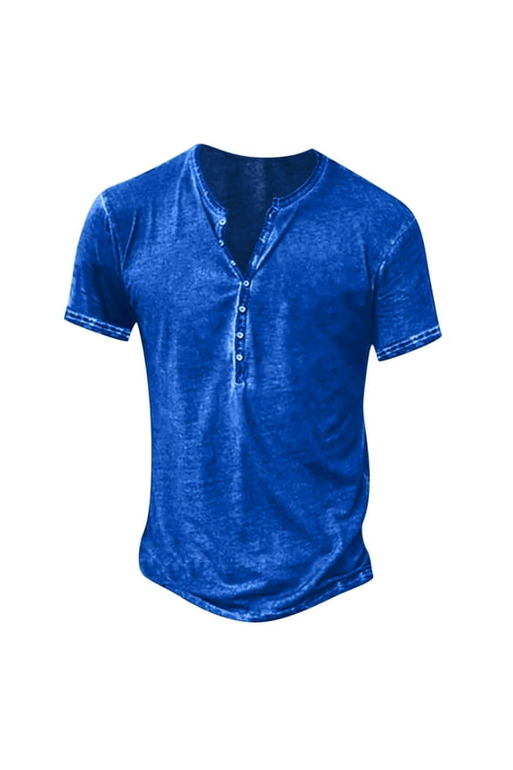 Mens Tshirt Short Sleeve Crewneck Henley Shirt Basic Blue T Shirts with Button Men Casual Shirt