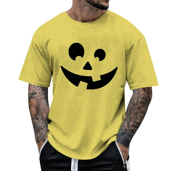 Mens Tshirts Casual Halloween Theme Expression Printed Solid Color Crew Neck Short Sleeve Tops Loose Comfortable Mens Shirts Yellow XL