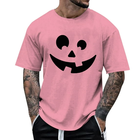 Mens Tshirts Casual Halloween Theme Expression Printed Solid Color Crew Neck Short Sleeve Tops Loose Comfortable Mens T-Shirts Pink M