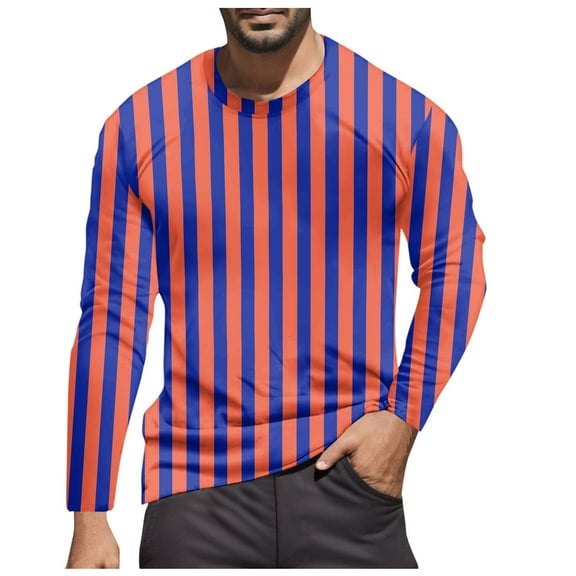 Mens Tshirts Crew Neck Casual Striped Color Blocked Long Sleeve Tees Stretchy Basic Trendy Fall Warm Men Shirts Orange L