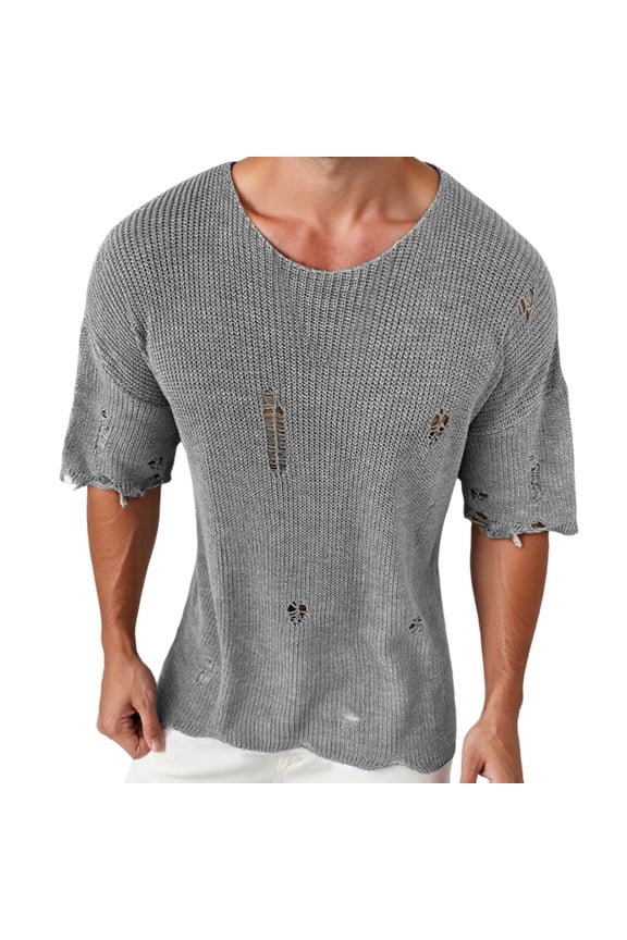 Mens Tshirts Ripped Distressed Hollow Out Breathable Pullover Tops Crew Neck Short Sleeve Lightweight Men Shirts Grey XXL