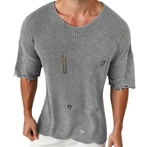 Mens Tshirts Ripped Distressed Hollow Out Breathable Pullover Tops Crew Neck Short Sleeve Lightweight Men's Shirts Grey L