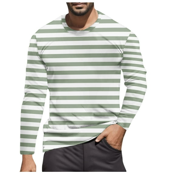 Mens Tshirts Striped Color Blocked Casual Trend Crew Neck Long Sleeve Tees Stretchy Fall Warm Basic Men's Shirts Light Green M