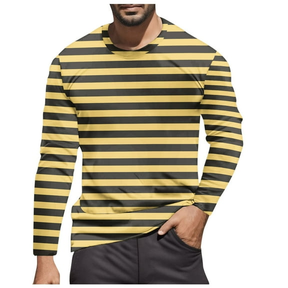 Mens Tshirts Striped Color Blocked Casual Trend Crew Neck Long Sleeve Tees Stretchy Fall Warm Basic Mens Shirts Yellow L