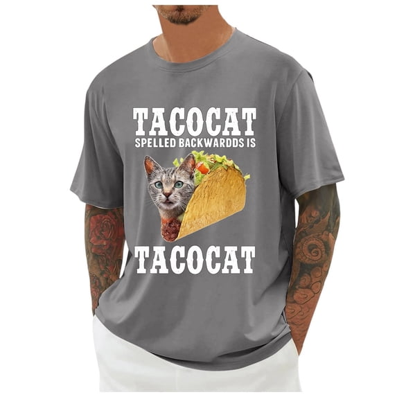 Mens Tshirts Taco Cat Printed Casual Short Sleeve Graphic Tees Soft Loose Lightweight Fit Comfortable Crew Neck Men's Shirts Grey M